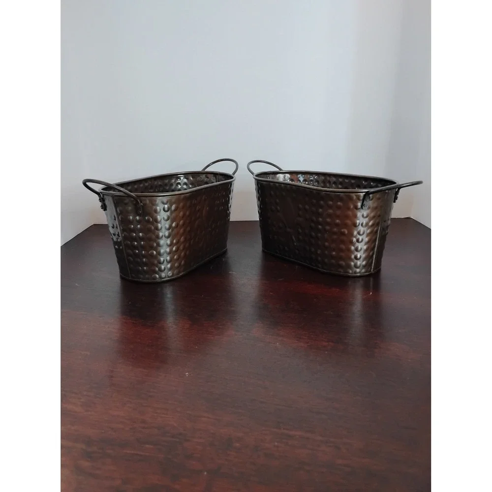 Set of 2 Hammered Metal Fleur de Lis Oval Planters Bronze Antique Copper Finish